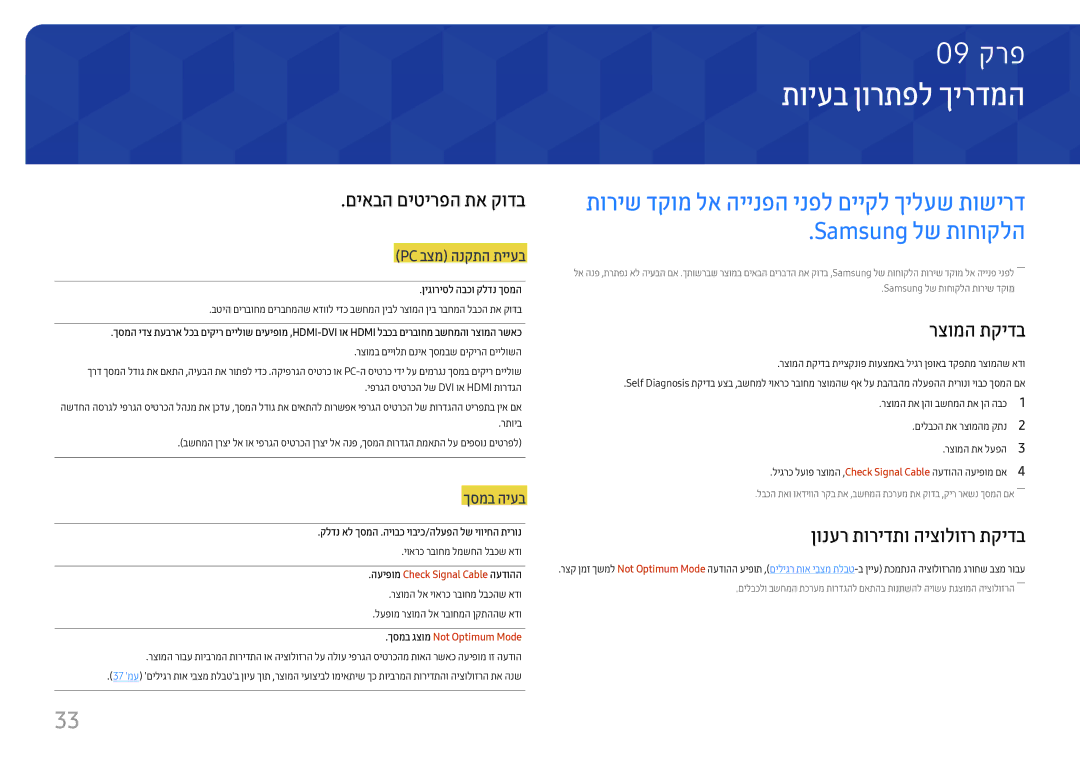 Samsung LS27E330HZX/CH manual תויעב ןורתפל ךירדמה‏, םיאבה םיטירפה תא קודב, רצומה תקידב, ןונער תורידתו היצולוזר תקידב 