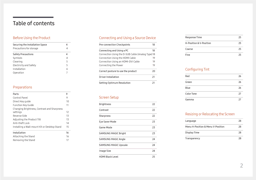 Samsung LS27E330HS/XV, LS27E330HZX/EN, LS27E330HSX/EN, LS27E330HZO/CI, LS27E330HZX/CH manual Table of contents 