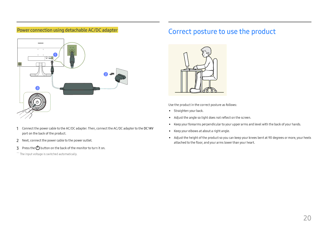 Samsung LS27E330HZX/EN, LS27E330HSX/EN, LS27E330HS/XV, LS27E330HZO/CI, LS27E330HZX/CH manual Correct posture to use the product 