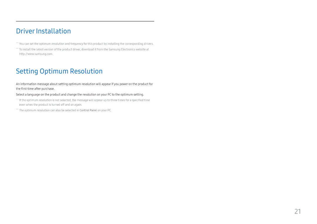 Samsung LS27E330HSX/EN, LS27E330HZX/EN, LS27E330HS/XV, LS27E330HZO/CI manual Driver Installation, Setting Optimum Resolution 