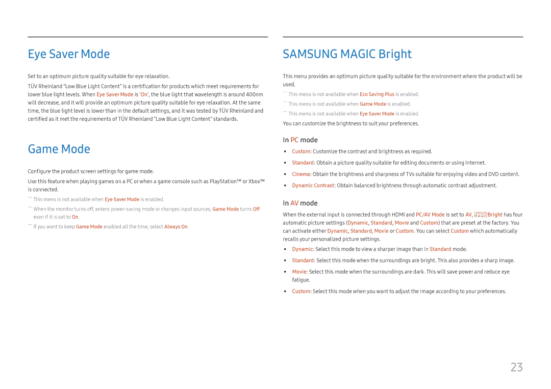 Samsung LS27E330HZO/CI, LS27E330HZX/EN, LS27E330HSX/EN, LS27E330HS/XV manual Eye Saver Mode, Game Mode, Samsung Magic Bright 