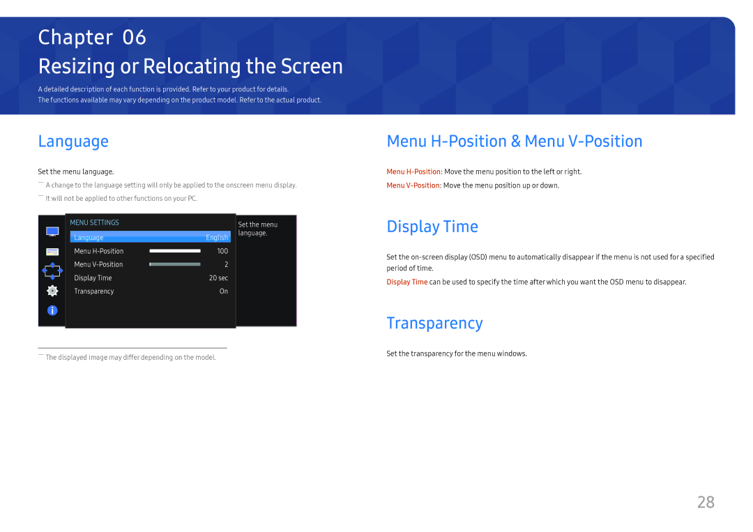 Samsung LS27E330HZO/CI manual Resizing or Relocating the Screen, Language, Menu H-Position & Menu V-Position, Display Time 