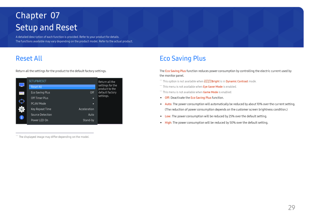 Samsung LS27E330HZX/CH, LS27E330HZX/EN, LS27E330HSX/EN, LS27E330HS/XV manual Setup and Reset, Reset All, Eco Saving Plus 