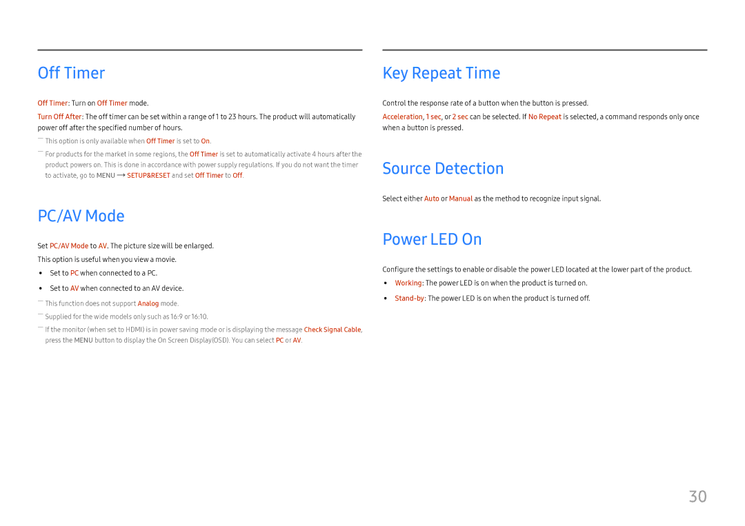 Samsung LS27E330HZX/EN, LS27E330HSX/EN manual Off Timer, PC/AV Mode, Key Repeat Time, Source Detection, Power LED On 