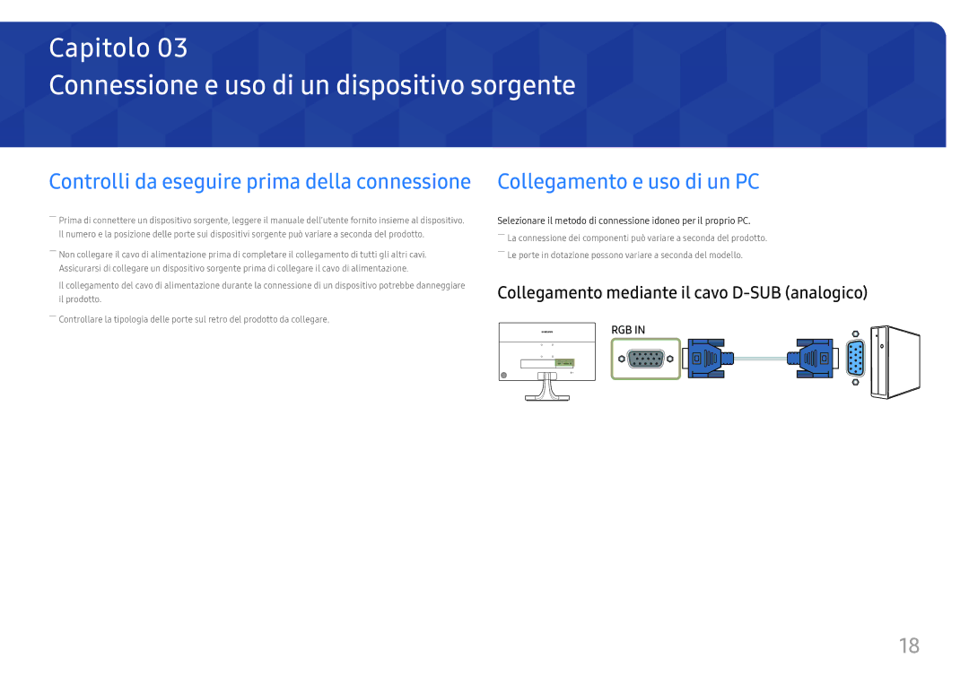 Samsung LS27E330HZX/EN, LS27E330HSX/EN manual Connessione e uso di un dispositivo sorgente, Collegamento e uso di un PC 