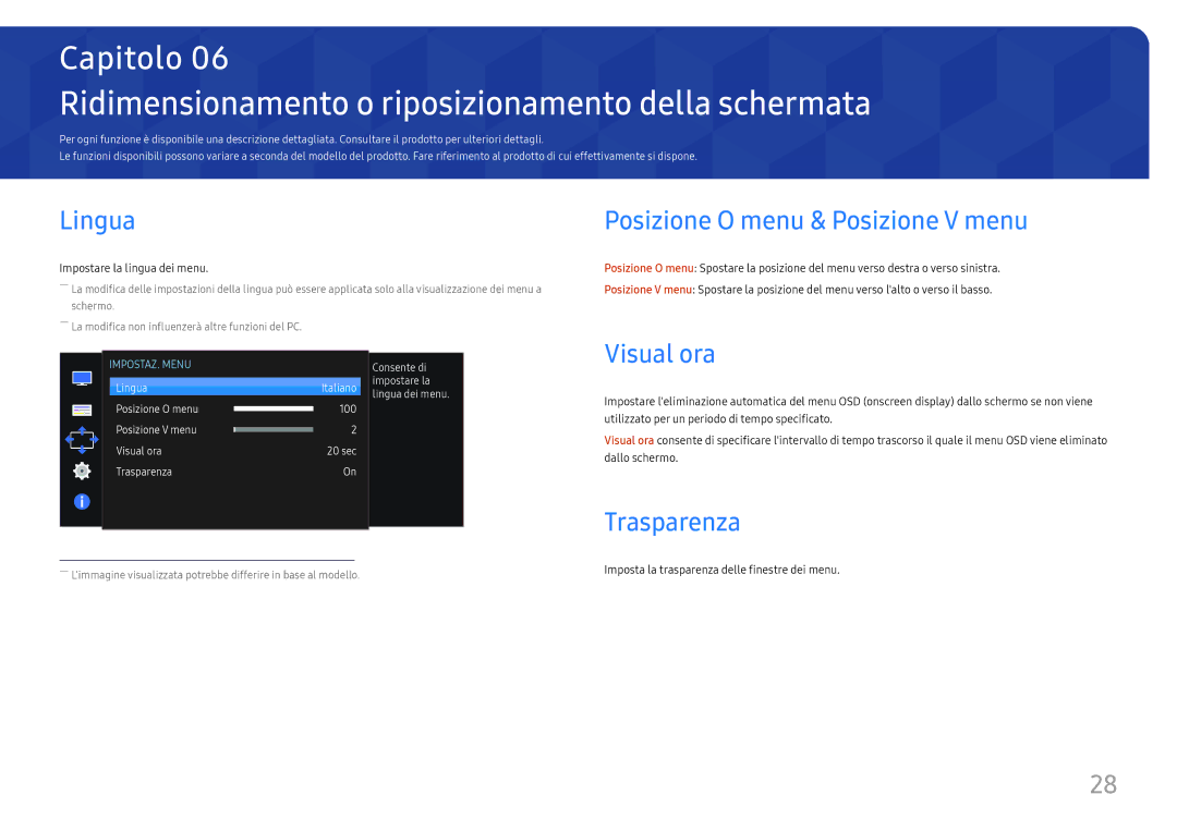 Samsung LS27E330HZX/EN manual Ridimensionamento o riposizionamento della schermata, Lingua, Visual ora, Trasparenza 