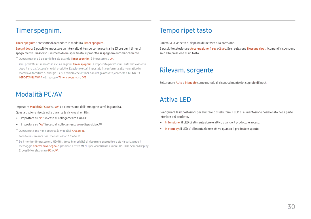 Samsung LS27E330HZX/EN, LS27E330HSX/EN Timer spegnim, Modalità PC/AV, Tempo ripet tasto, Rilevam. sorgente, Attiva LED 