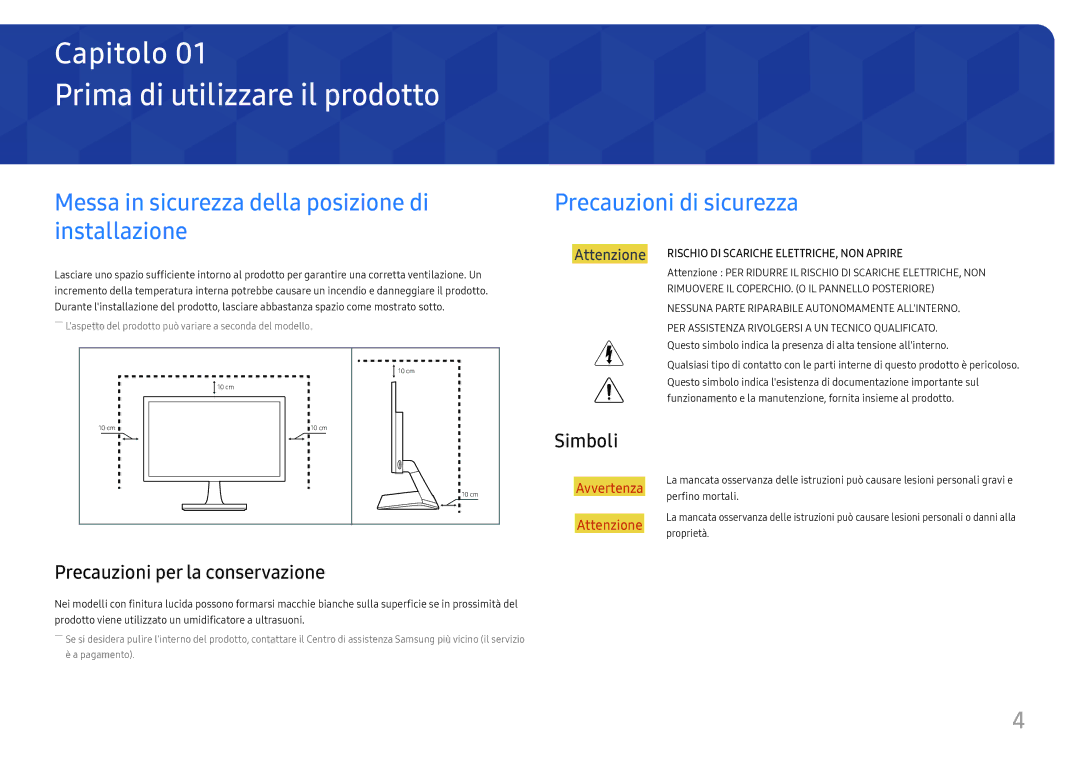 Samsung LS27E330HZX/EN, LS27E330HSX/EN manual Prima di utilizzare il prodotto, Simboli, Precauzioni per la conservazione 