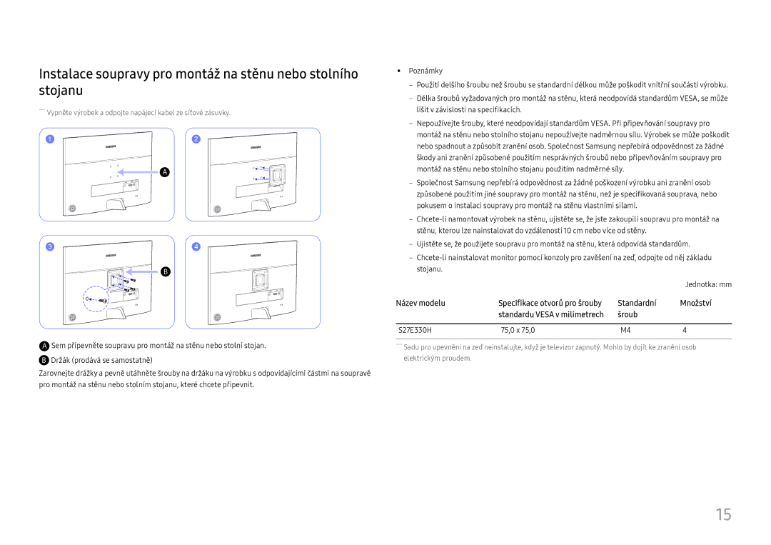 Samsung LS27E330HSX/EN, LS27E330HZX/EN manual Instalace soupravy pro montáž na stěnu nebo stolního stojanu 
