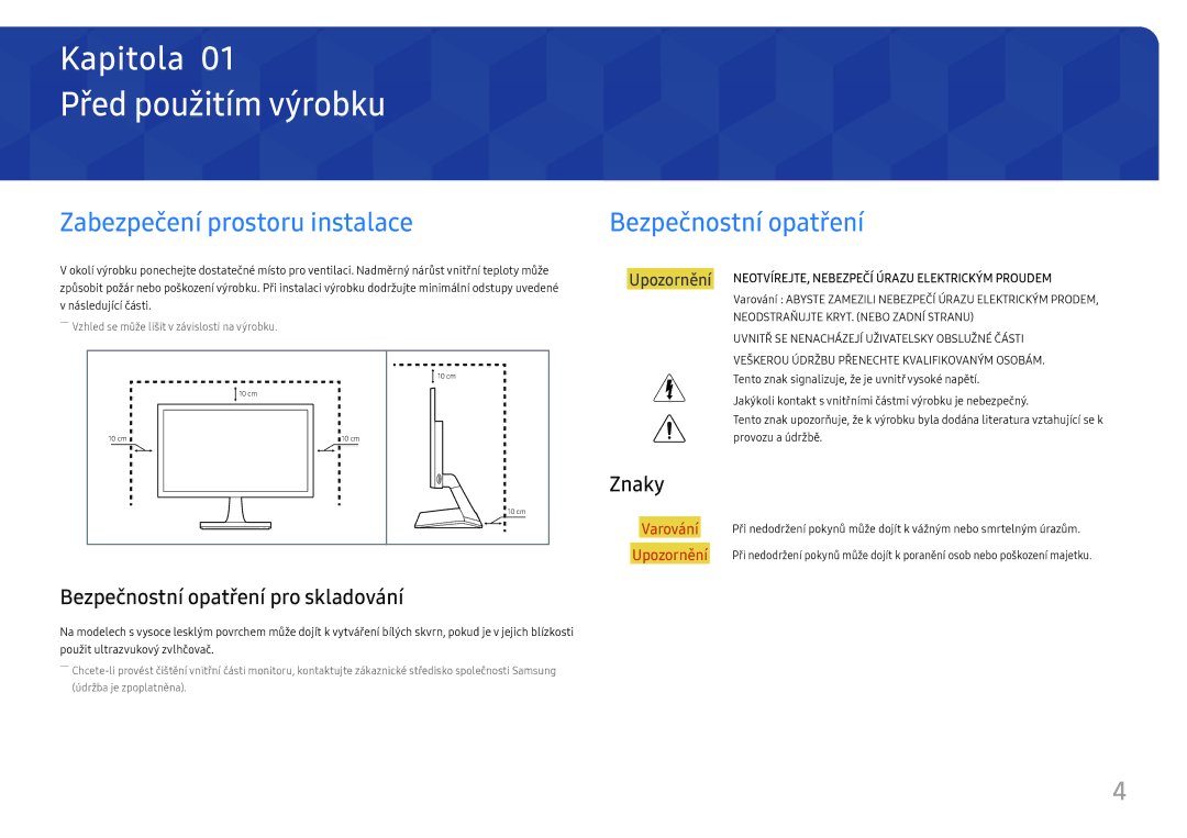 Samsung LS27E330HZX/EN, LS27E330HSX/EN Před použitím výrobku, Zabezpečení prostoru instalace, Bezpečnostní opatření, Znaky 