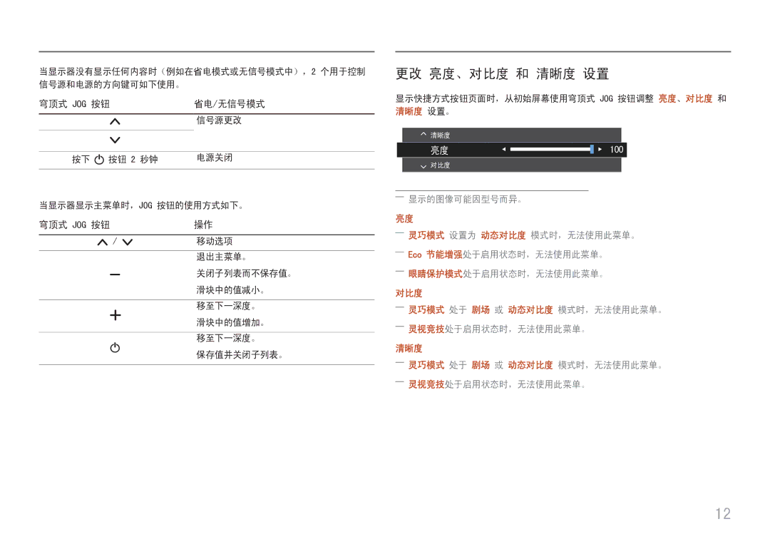 Samsung LS27E330HZX/EN, LS27E330HSX/EN manual 更改 亮度、对比度 和 清晰度 设置, 穹顶式 Jog 按钮 省电/无信号模式, ――显示的图像可能因型号而异。 