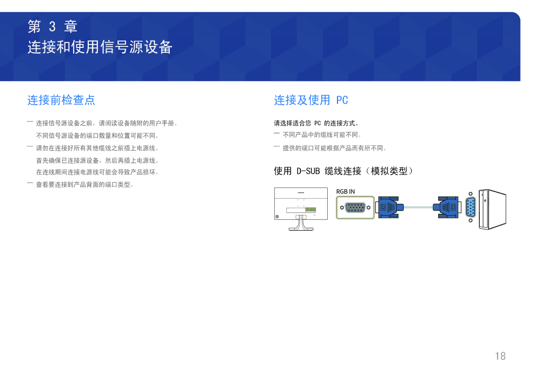 Samsung LS27E330HZX/EN, LS27E330HSX/EN manual 连接和使用信号源设备, 连接前检查点, 连接及使用 Pc, 使用 D-Sub缆线连接（模拟类型） 