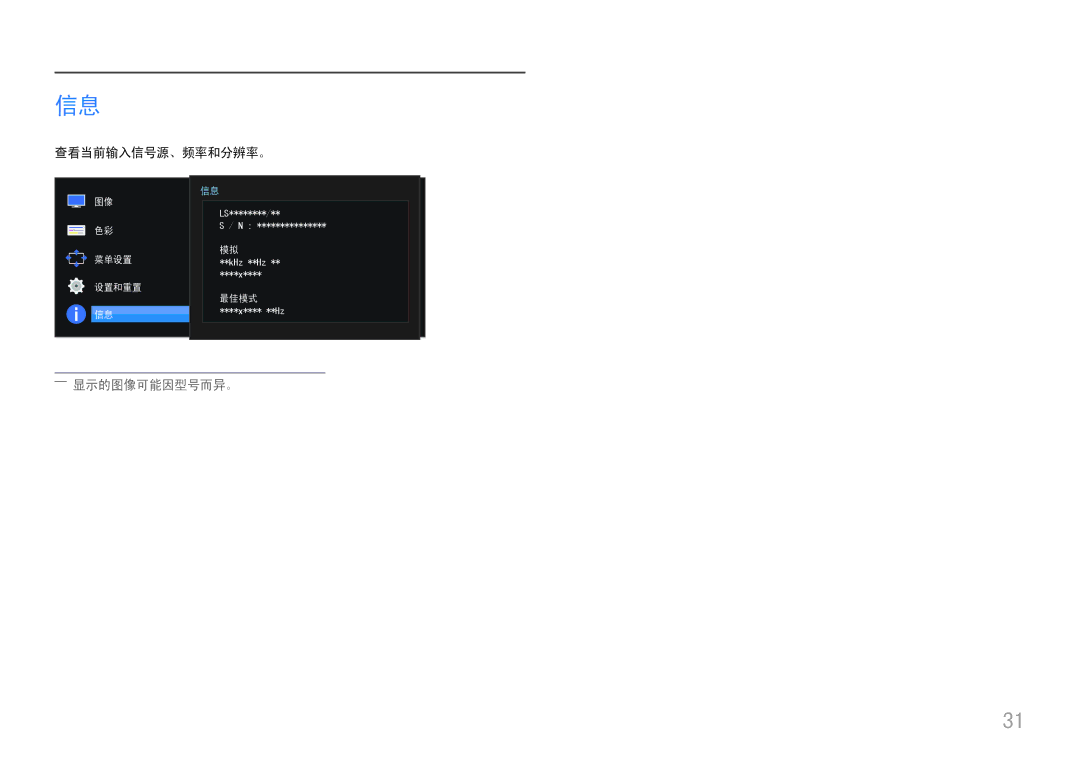 Samsung LS27E330HSX/EN, LS27E330HZX/EN manual 查看当前输入信号源、频率和分辨率。 