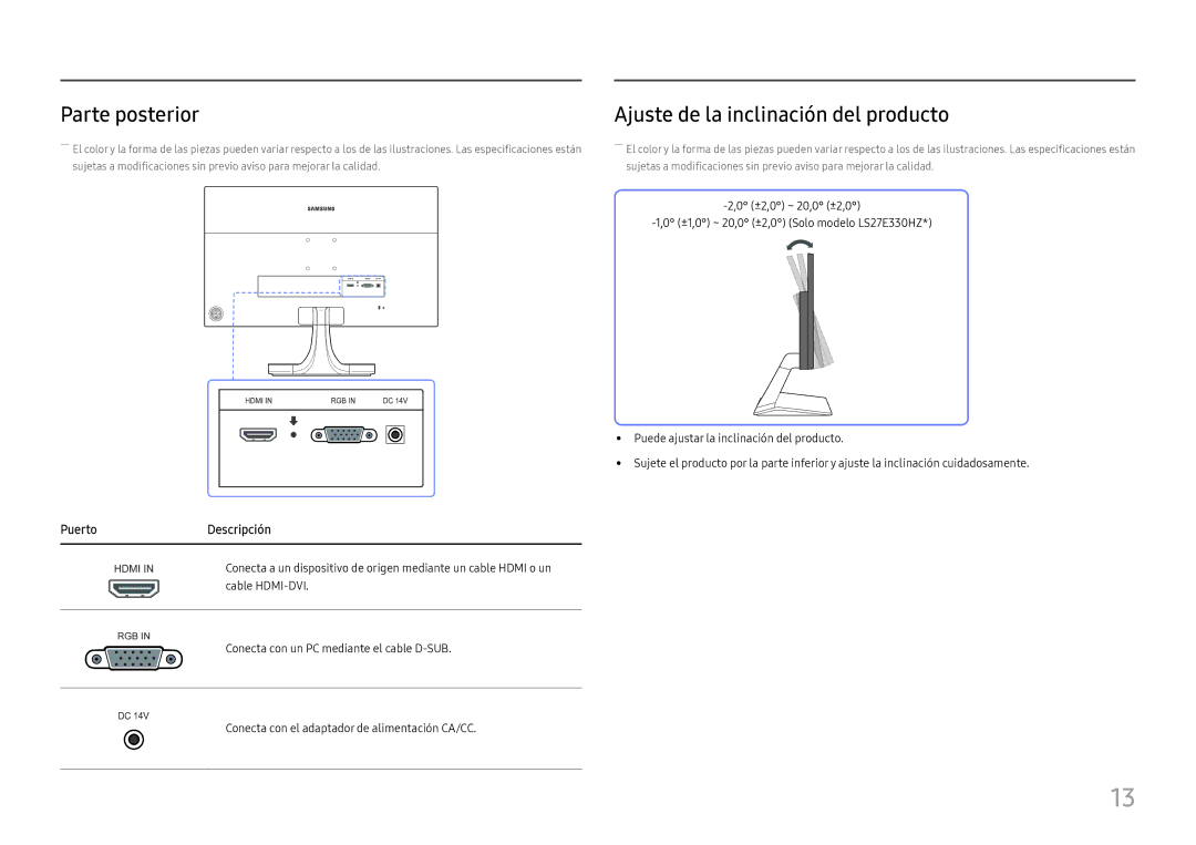 Samsung LS27E330HZX/EN manual Parte posterior, Ajuste de la inclinación del producto 