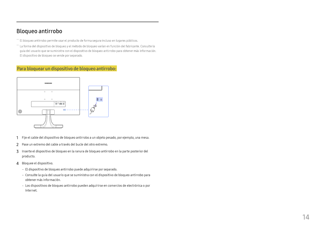 Samsung LS27E330HZX/EN manual Bloqueo antirrobo, Para bloquear un dispositivo de bloqueo antirrobo 