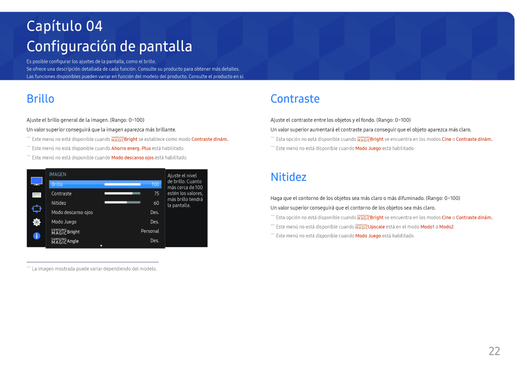 Samsung LS27E330HZX/EN manual Configuración de pantalla, Brillo, Contraste, Nitidez 