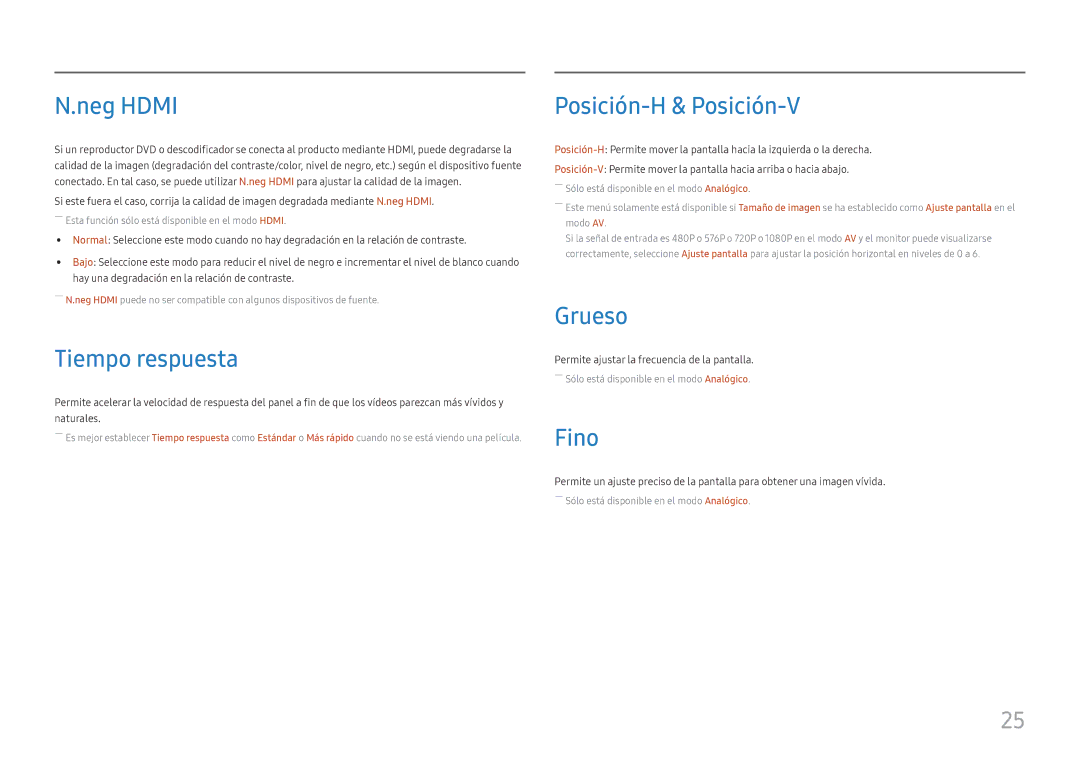 Samsung LS27E330HZX/EN manual Neg Hdmi, Tiempo respuesta, Posición-H & Posición-V, Grueso, Fino 