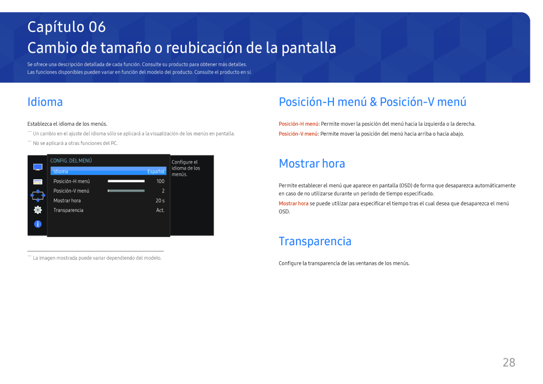 Samsung LS27E330HZX/EN manual Cambio de tamaño o reubicación de la pantalla, Idioma, Posición-H menú & Posición-V menú 