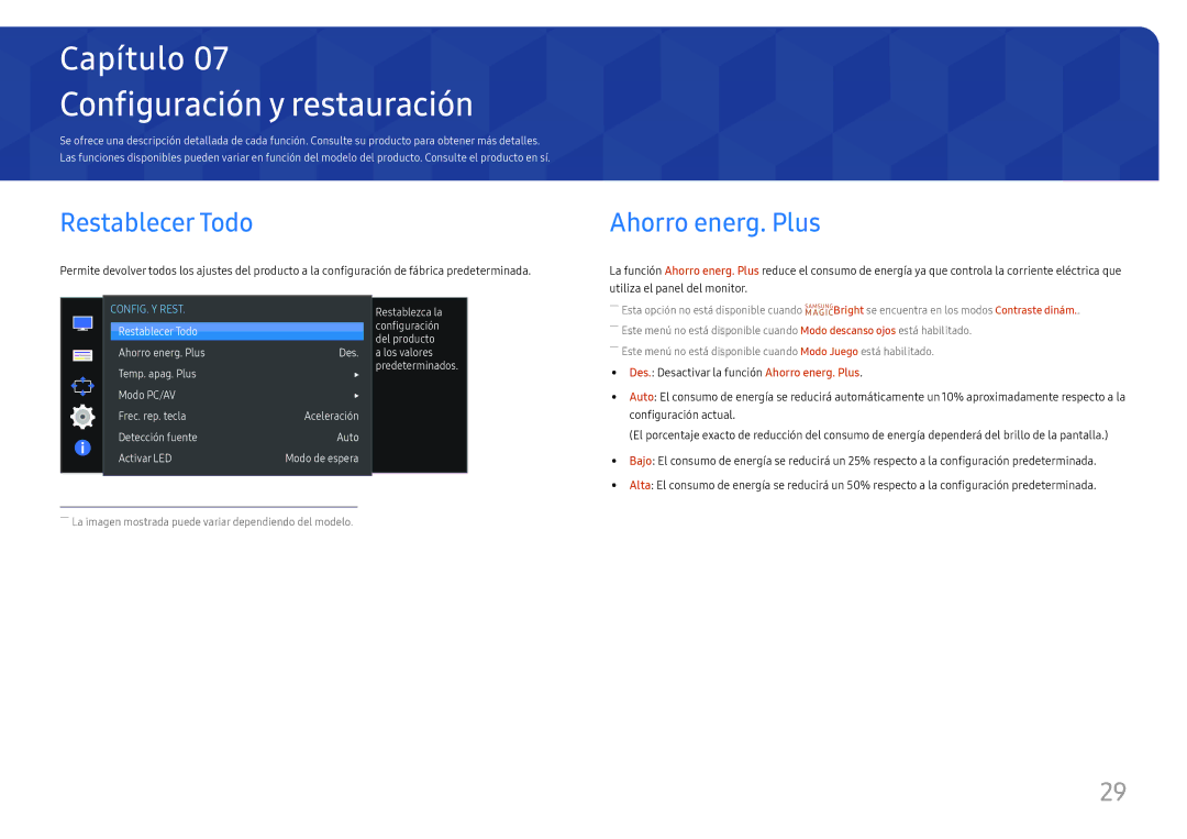 Samsung LS27E330HZX/EN manual Configuración y restauración, Restablecer Todo, Ahorro energ. Plus 