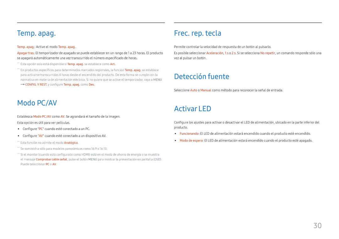Samsung LS27E330HZX/EN manual Temp. apag, Modo PC/AV, Frec. rep. tecla, Detección fuente, Activar LED 