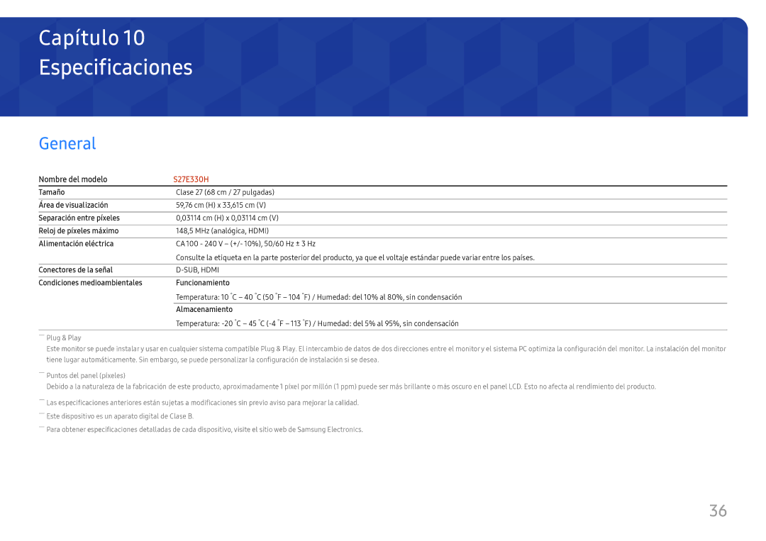 Samsung LS27E330HZX/EN manual Especificaciones, General 