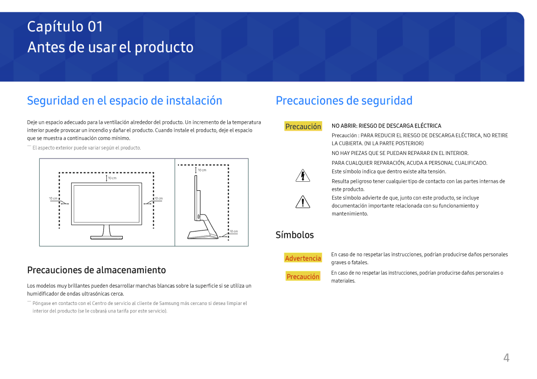 Samsung LS27E330HZX/EN manual Antes de usar el producto, Símbolos, Precauciones de almacenamiento 