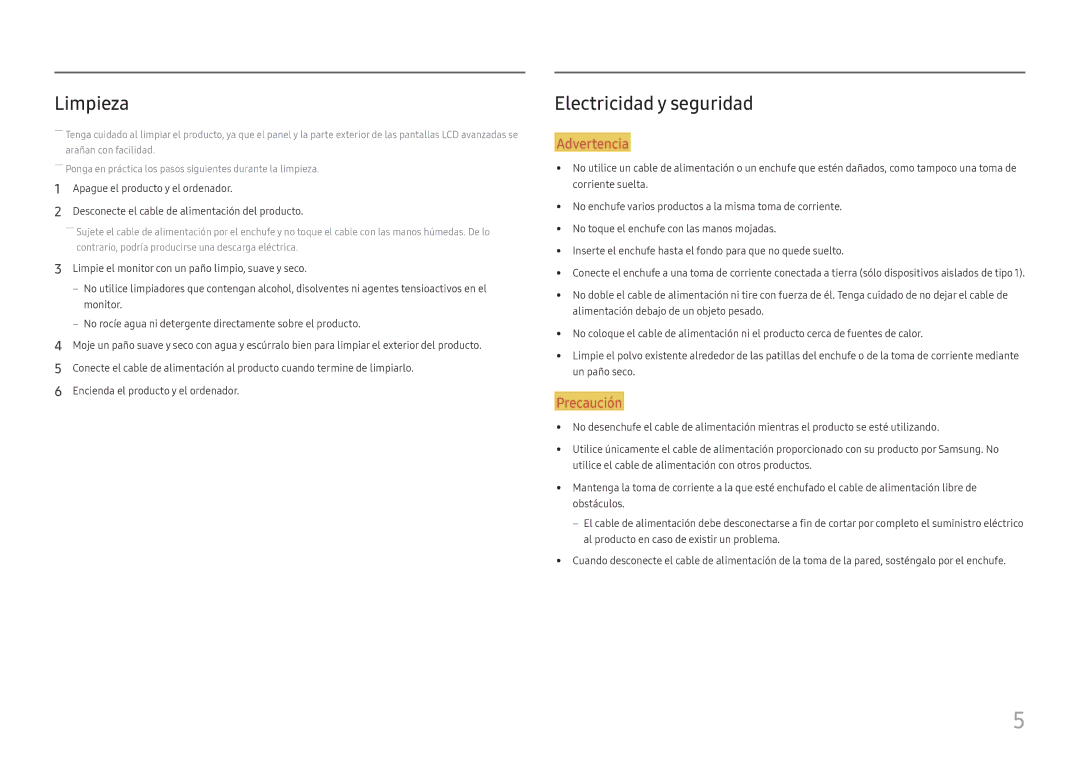 Samsung LS27E330HZX/EN manual Limpieza, Electricidad y seguridad 