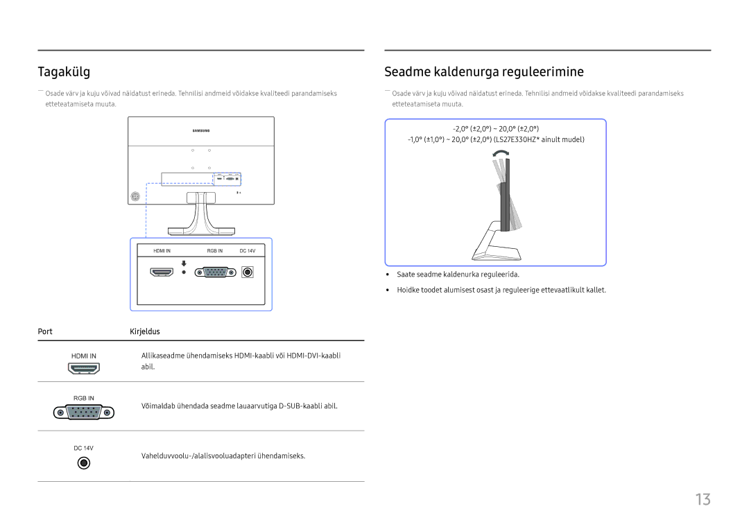 Samsung LS27E330HZX/EN manual Tagakülg, Seadme kaldenurga reguleerimine 