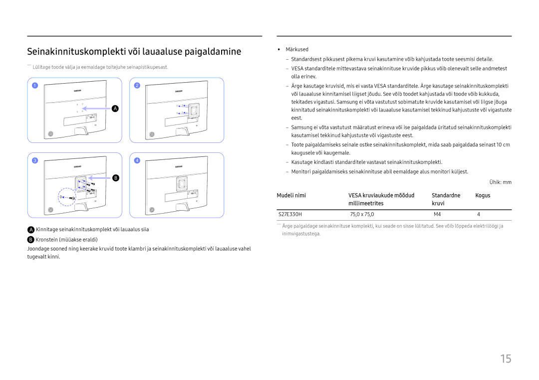 Samsung LS27E330HZX/EN manual Seinakinnituskomplekti või lauaaluse paigaldamine, S27E330H 75,0 x 75,0 