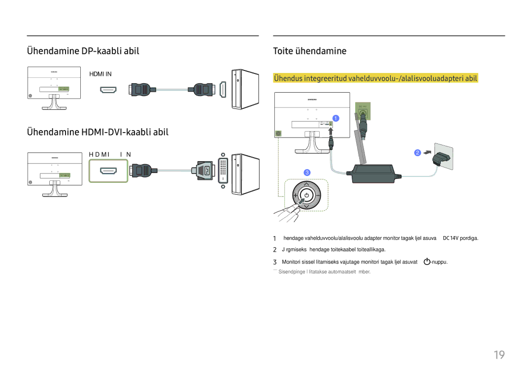 Samsung LS27E330HZX/EN manual Ühendamine DP-kaabli abil, Ühendamine HDMI-DVI-kaabli abil, Toite ühendamine 