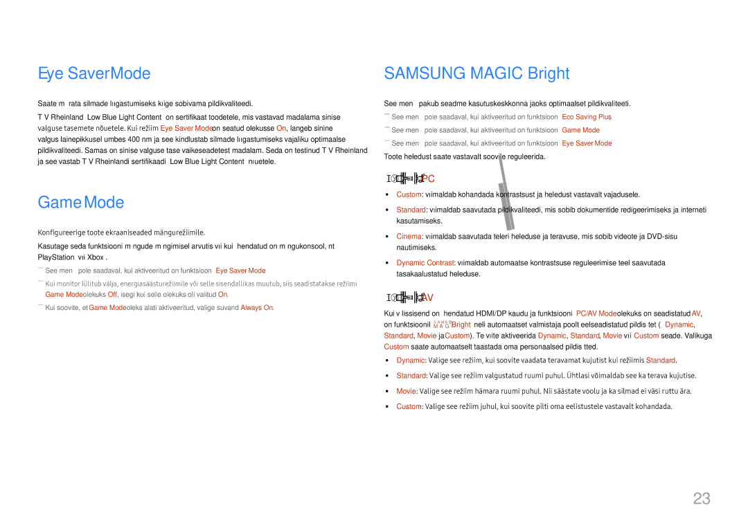 Samsung LS27E330HZX/EN manual Eye Saver Mode, Game Mode, Samsung Magic Bright 