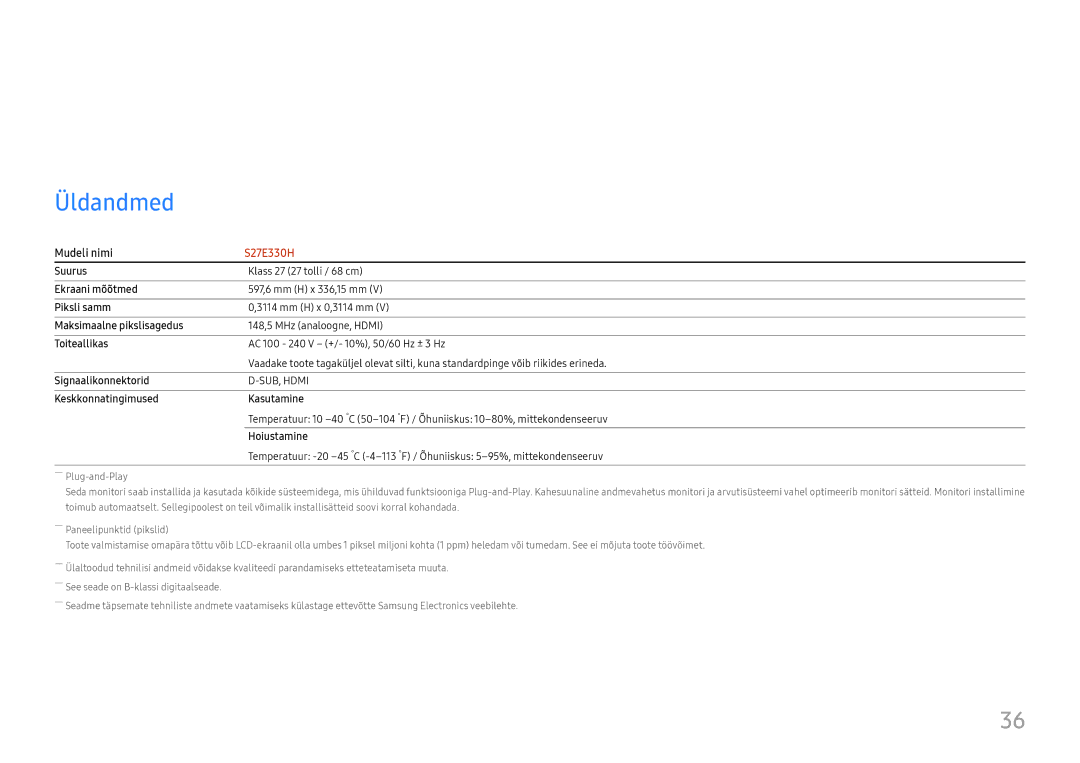 Samsung LS27E330HZX/EN manual Tehnilised andmed, Üldandmed 