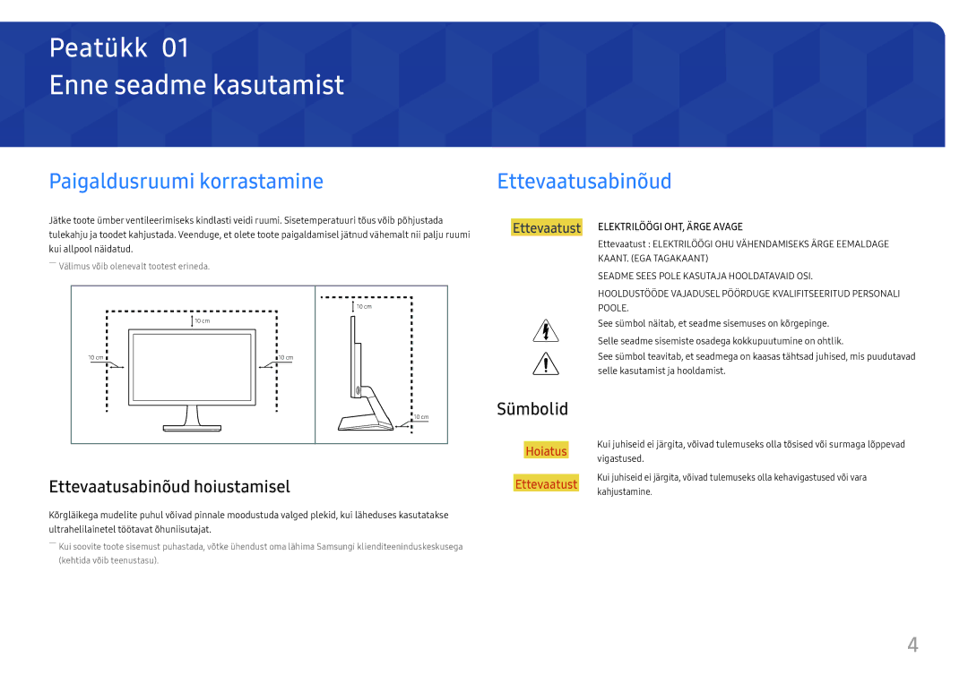 Samsung LS27E330HZX/EN manual Enne seadme kasutamist, Paigaldusruumi korrastamine Ettevaatusabinõud, Sümbolid 