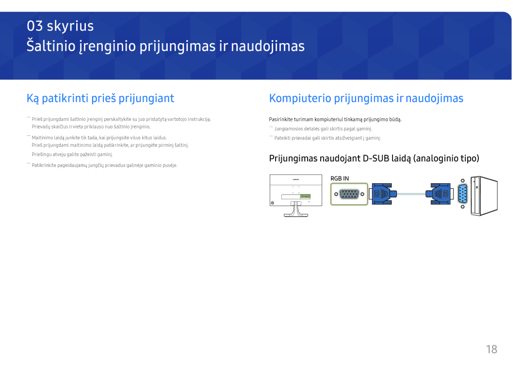 Samsung LS27E330HZX/EN manual Šaltinio įrenginio prijungimas ir naudojimas, Ką patikrinti prieš prijungiant 