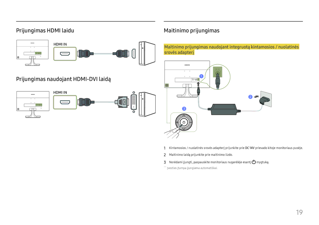 Samsung LS27E330HZX/EN manual Prijungimas Hdmi laidu, Prijungimas naudojant HDMI-DVI laidą, Maitinimo prijungimas 