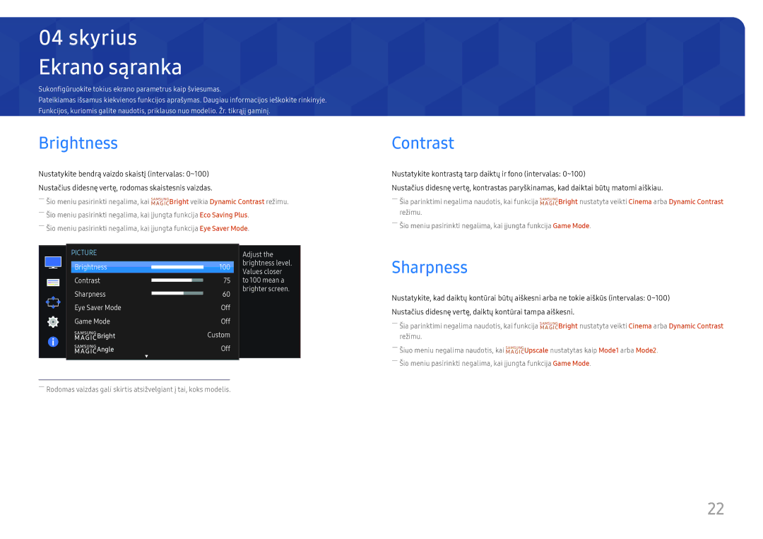 Samsung LS27E330HZX/EN manual Ekrano sąranka, Brightness, Contrast, Sharpness 