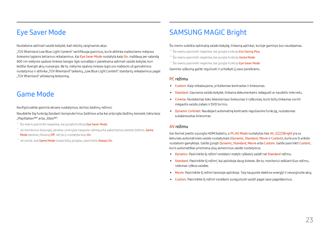 Samsung LS27E330HZX/EN manual Eye Saver Mode, Game Mode, Samsung Magic Bright 