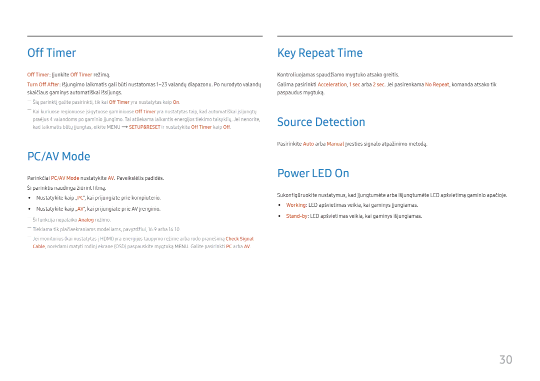 Samsung LS27E330HZX/EN manual Off Timer, PC/AV Mode, Key Repeat Time, Source Detection, Power LED On 