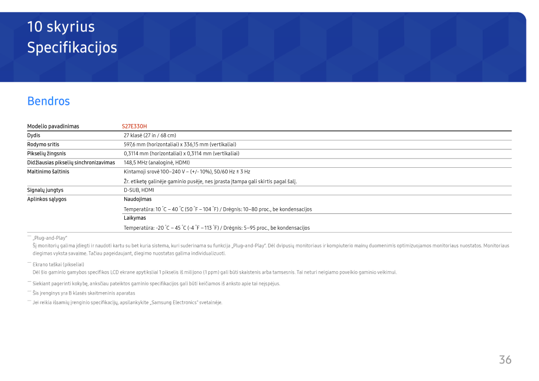 Samsung LS27E330HZX/EN manual Specifikacijos, Bendros 