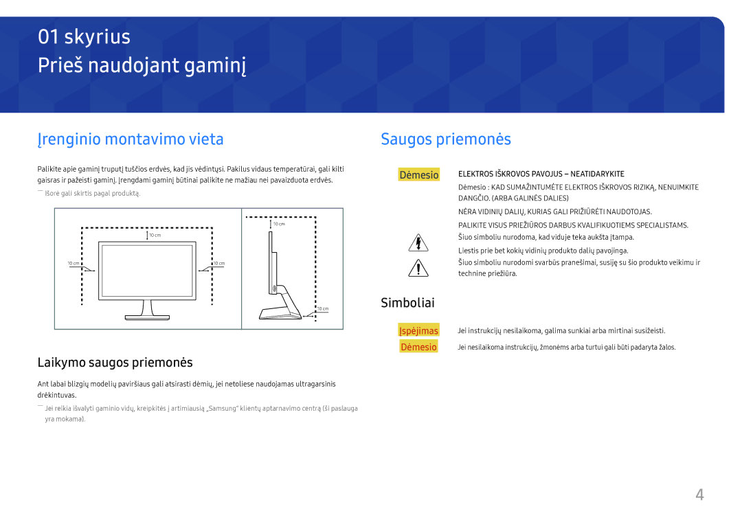 Samsung LS27E330HZX/EN manual Prieš naudojant gaminį, Įrenginio montavimo vieta, Saugos priemonės, Laikymo saugos priemonės 