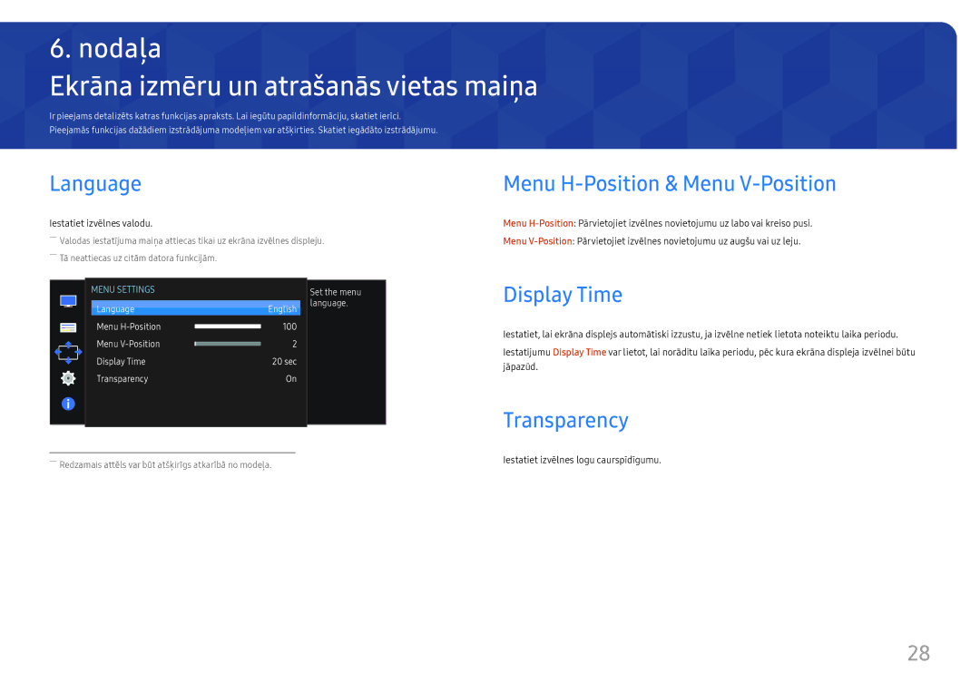 Samsung LS27E330HZX/EN Ekrāna izmēru un atrašanās vietas maiņa, Language, Menu H-Position & Menu V-Position, Display Time 