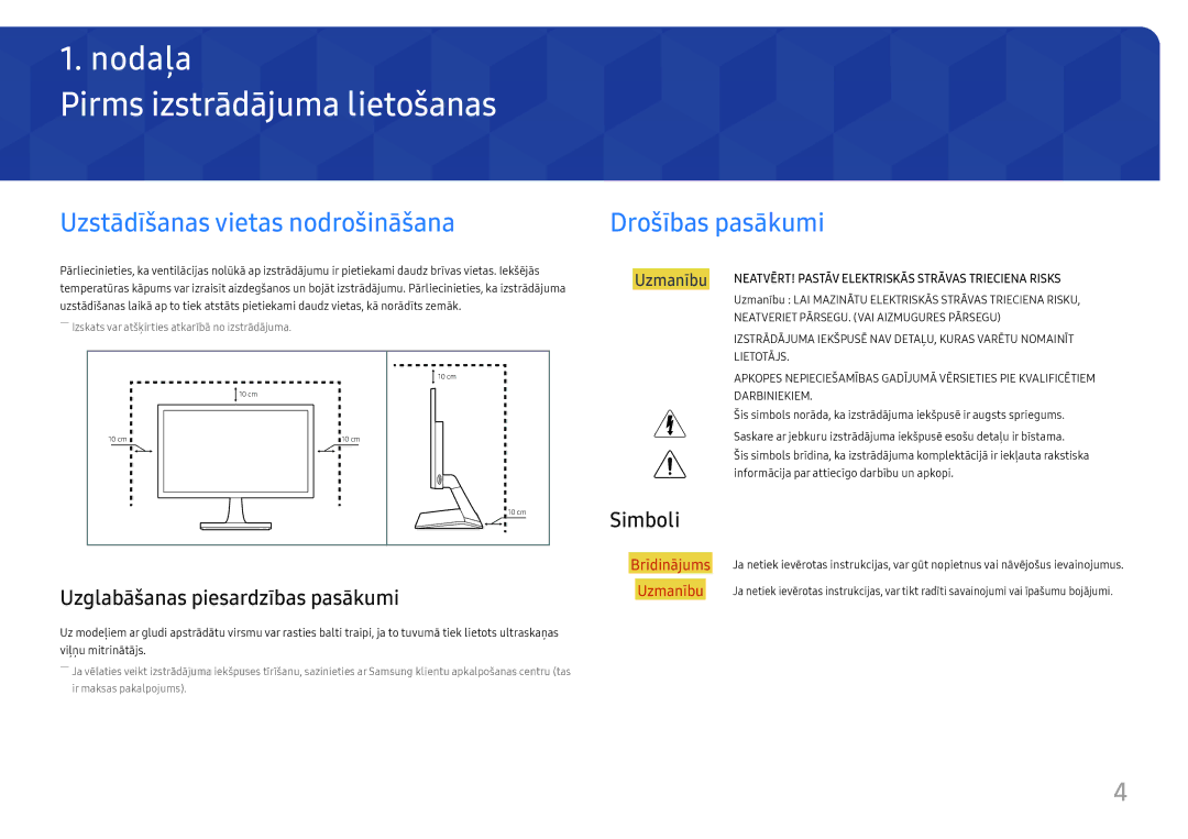 Samsung LS27E330HZX/EN manual Pirms izstrādājuma lietošanas, Uzstādīšanas vietas nodrošināšana, Drošības pasākumi, Simboli 