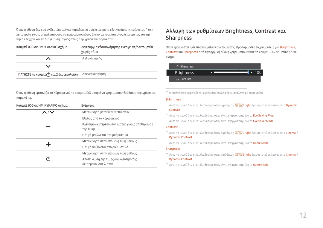 Samsung LS27E330HZX/EN manual Αλλαγή των ρυθμίσεων Brightness, Contrast και Sharpness, Χωρίς σήμα 