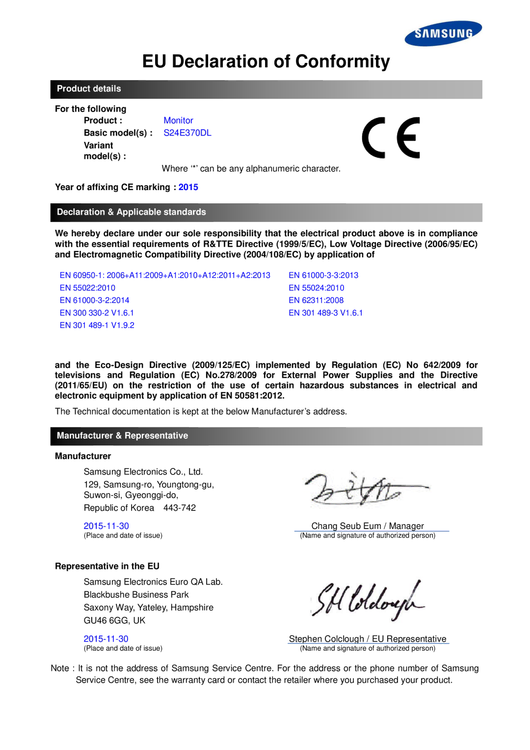 Samsung LS24E370DL/EN manual EU Declaration of Conformity, Product details, Declaration & Applicable standards 