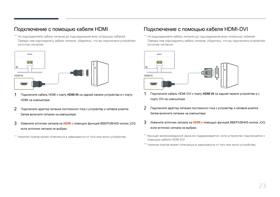 Samsung LS27E370DS/CI, LS27E370DS/EN manual Подключение с помощью кабеля Hdmi, Подключение с помощью кабеля HDMI-DVI 