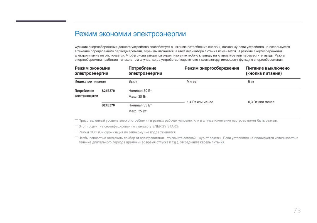 Samsung LS24E370DL/EN manual Режим экономии электроэнергии, Индикатор питания, Потребление S24E370, Электроэнергии, S27E370 