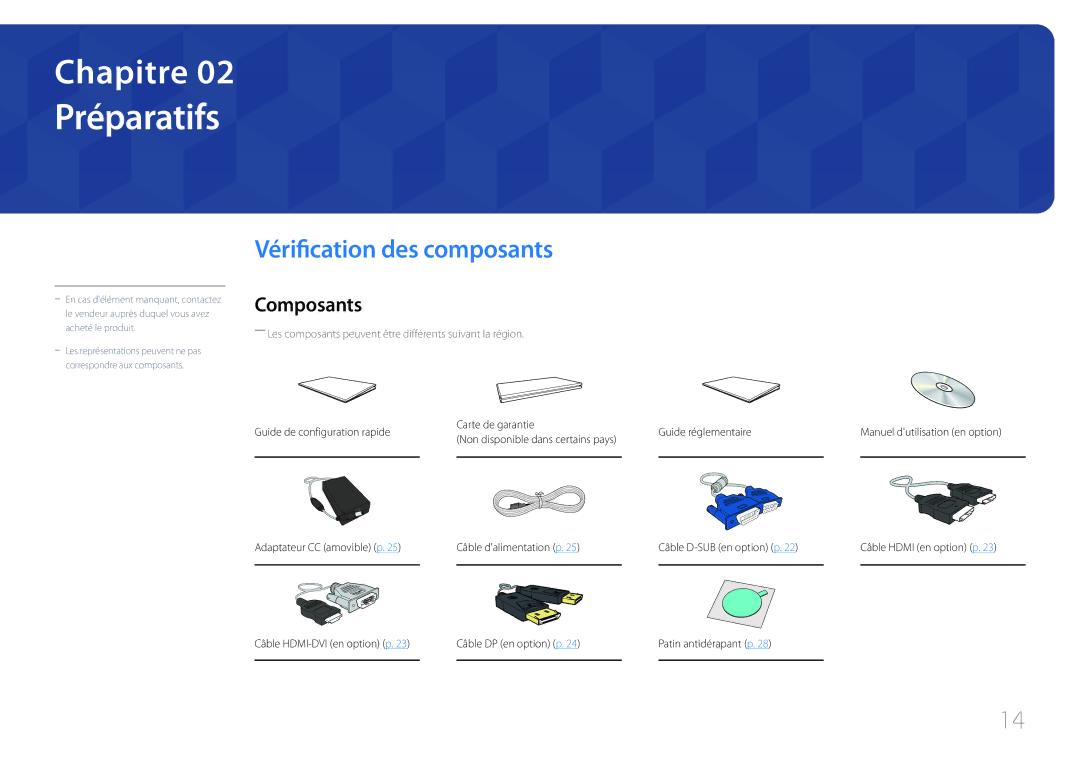 Samsung LS27E370DS/EN Préparatifs, Vérification des composants, Composants, Câble DP en option p Patin antidérapant p 