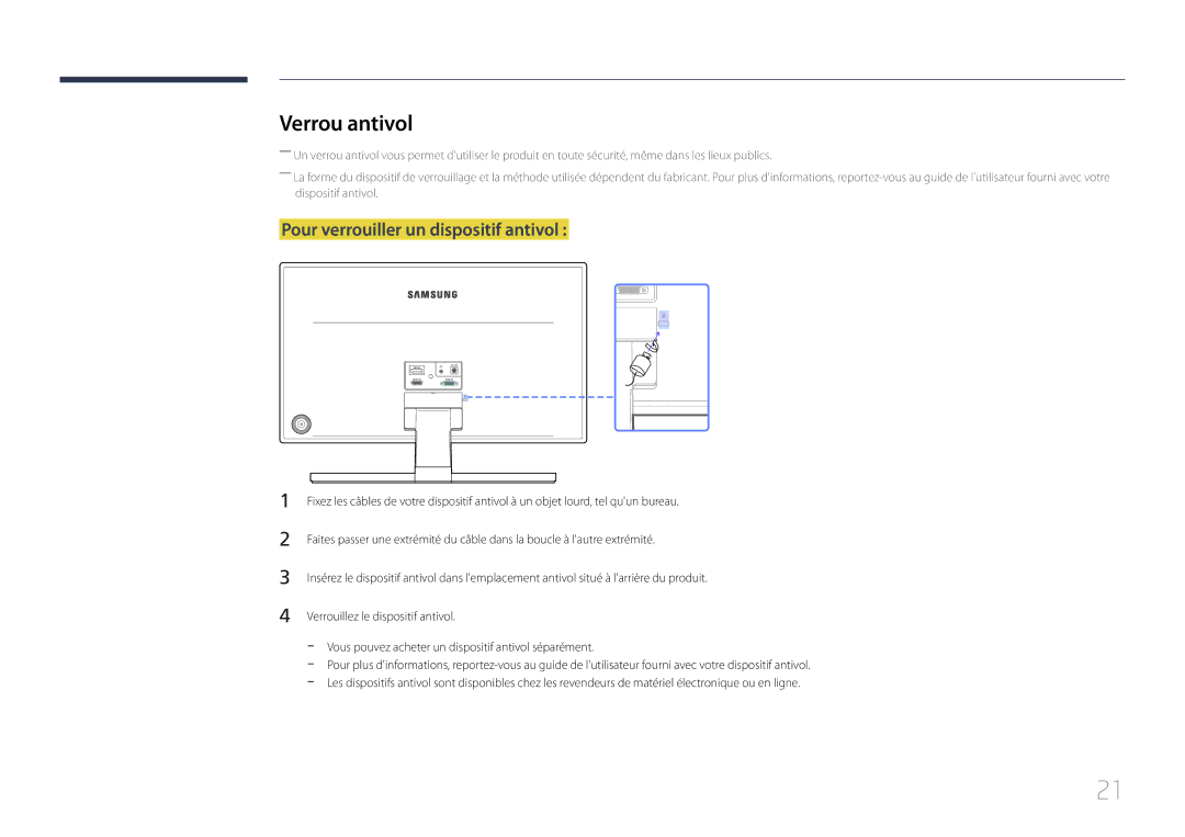 Samsung LS24E370DL/EN, LS27E370DS/EN manual Verrou antivol, Pour verrouiller un dispositif antivol 