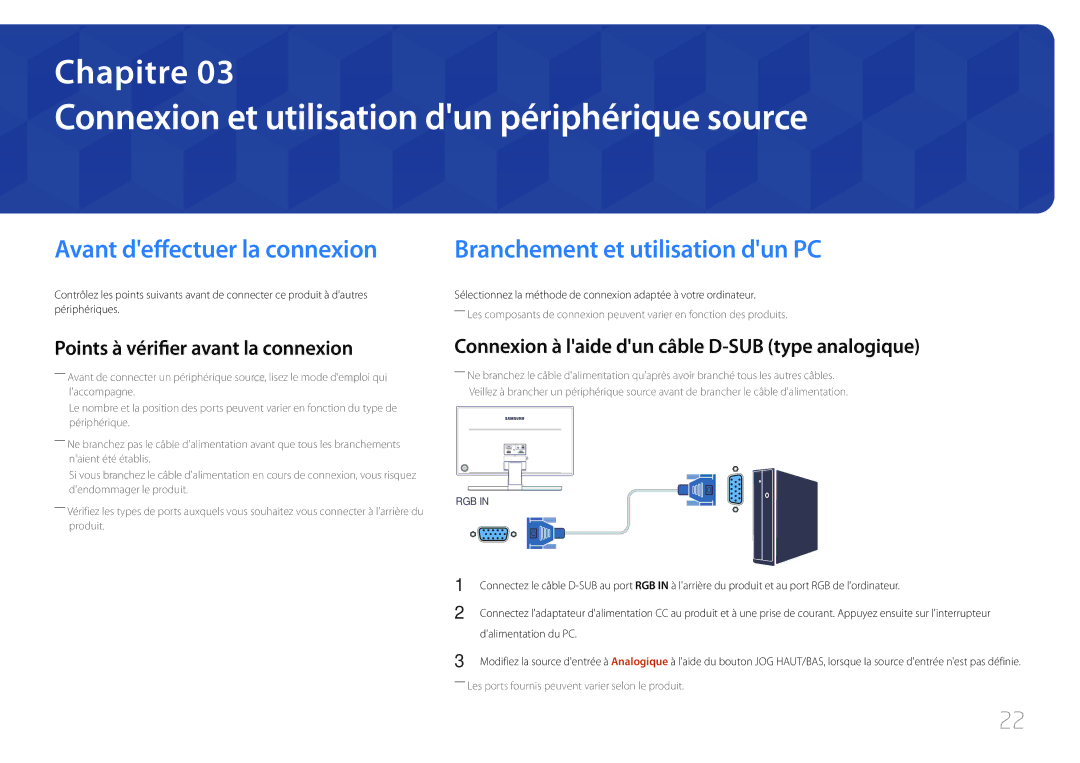 Samsung LS27E370DS/EN, LS24E370DL/EN manual Connexion et utilisation dun périphérique source, Avant deffectuer la connexion 