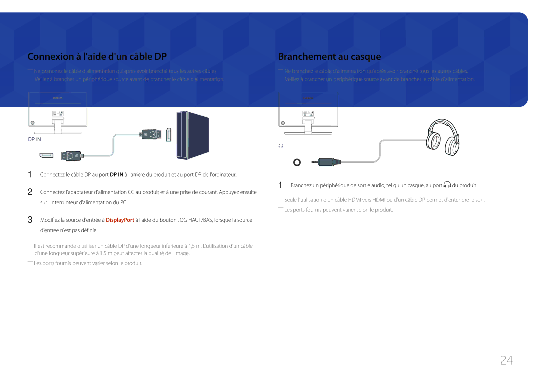 Samsung LS27E370DS/EN, LS24E370DL/EN manual Connexion à laide dun câble DP, Branchement au casque, Dentrée nest pas définie 